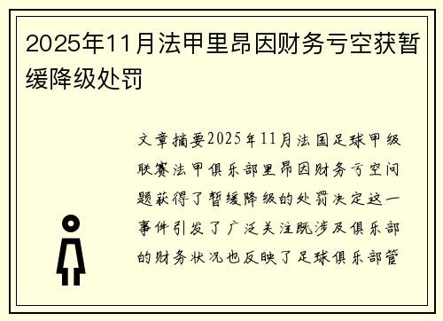 2025年11月法甲里昂因财务亏空获暂缓降级处罚