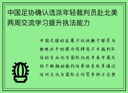 中国足协确认选派年轻裁判员赴北美两周交流学习提升执法能力
