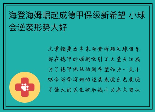 海登海姆崛起成德甲保级新希望 小球会逆袭形势大好 海登海姆崛起成德甲保级新希望 小球会逆袭形势大好